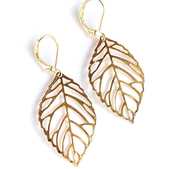 Gold Leaf Dangle Earrings 14k Gold Filled Lever Backs for Women Handmade in USA - Picture 1 of 3